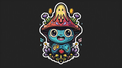 Mushroom abstract artwork sticker emoji with attractive black background.