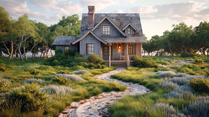 Coastal cottage with a tiny lawn and a winding, sandy pathway leading to a cozy front porch