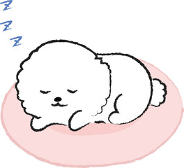 ベッドで眠る犬のイラスト　ビション・フリーゼ