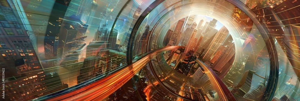 Aufkleber digital artwork showing a metropolis with quantum tunneling transits