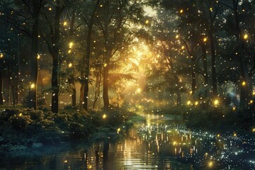 Enchanting forest scene with twinkling lights and floating fish, creating a mystical ambiance of fantasy and magic