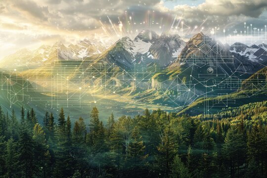 Digitally Enhanced Mountain Landscape with Data Network Connectivity Concept Over Natural Scenery - Powered by Adobe