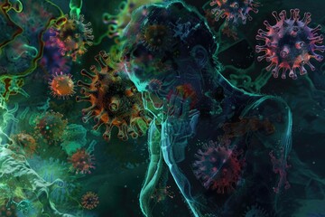 Fototapeta na wymiar Artistic visualization of a person in despair amidst an onslaught of vividly rendered virus particles, pandemic theme