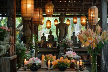 Vesak Day celebration setting with wooden lanterns, flowers, candles, and Buddha statues on weathered wood