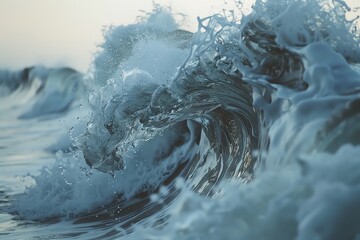 Metallic silver waves crashing against a shoreline during a tsunami