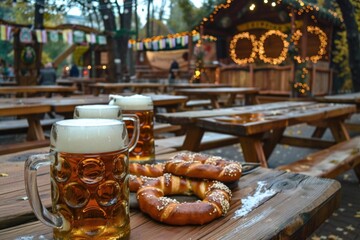 Traditional German Beer and Pretzels on Table at Oktoberfest Celebration with Festive Decor