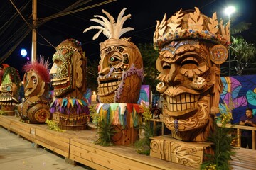 Carnival celebration in a city square with wooden masks, floats, and live music on a vibrant wooden stage