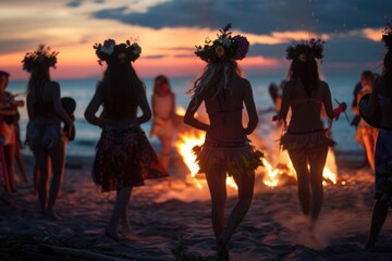 Midsummer Festival on a beach with bonfires, floral wreaths, and rhythmic dancing at sunset