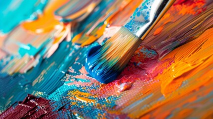 Fototapeta premium A closeup of a paintbrush loaded with vibrant acrylic paint, leaving a textured stroke on a rough canvas paper background