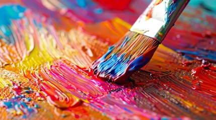Fototapeta premium A closeup of a paintbrush loaded with vibrant acrylic paint, leaving a textured stroke on a rough canvas paper background