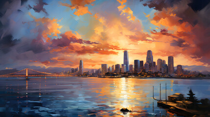 outdoor city sunset view landscape background poster decorative painting 