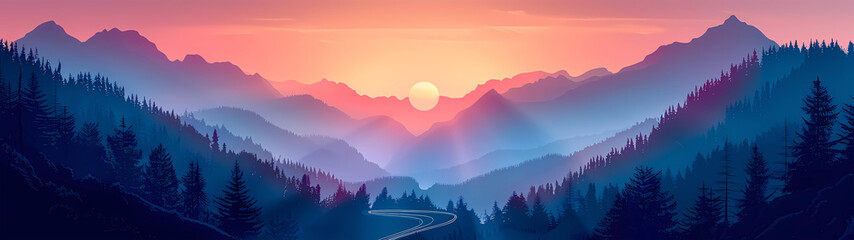 Sunset Glow Over Misty Mountains