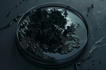 A dark and ominous image of a petri dish with a black, spreading fungal colony, suggesting contamination