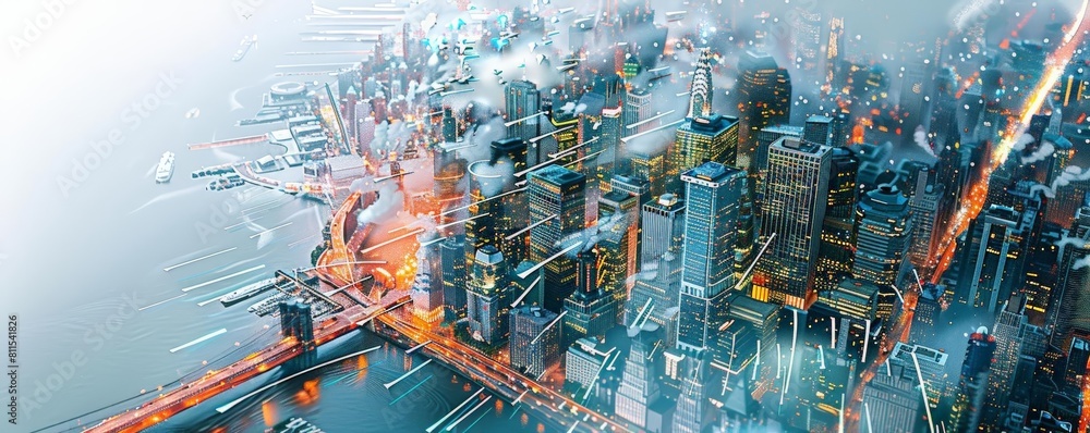 Poster digital illustration of a megalopolis with weather control arrays
