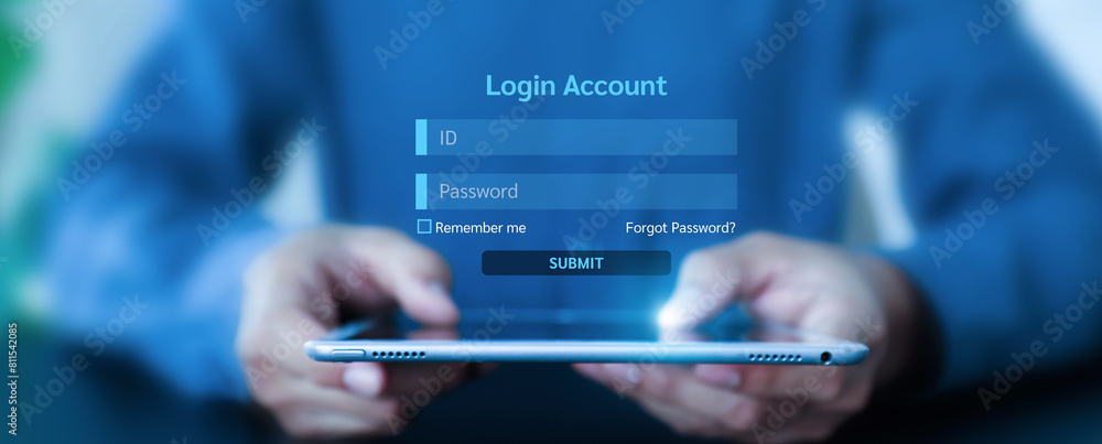 Fototapete hand touching login username and password icon for safety internet security access or user sign regi