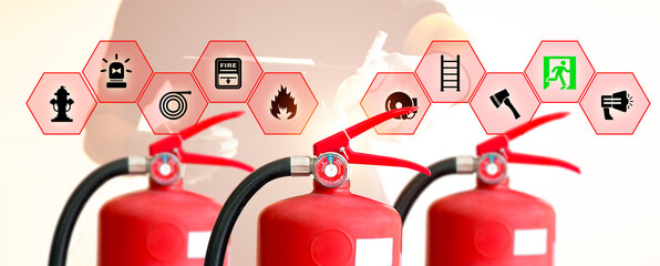 Fire extinguisher and firefighter checking pressure gauge level with prevention icons for protection and prevent and safety rescue and use of equipment on fire training concept.