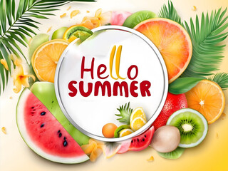 Hello, summer with fruits background template. Hello summer text in a white frame with tropical fruits elements like watermelon, calamari, kiwi, orange, and lemon in the sand background