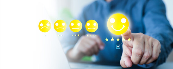 Hand touch smile face icon for best excellent customer service satisfaction survey feedback for...