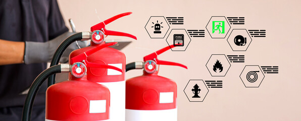 Fire extinguisher and firefighter checking pressure gauge level with prevention icons for protection and prevent and safety rescue and use of equipment on fire training concept.