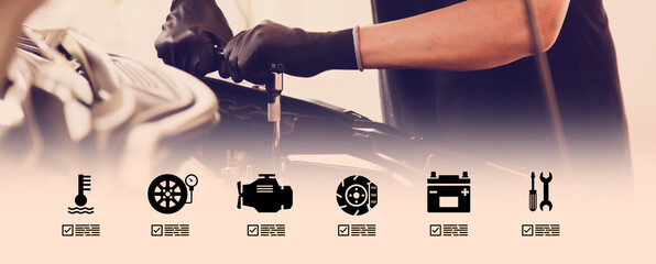 Hand auto mechanic using the wrench to repairing car engine problem with car service icons....