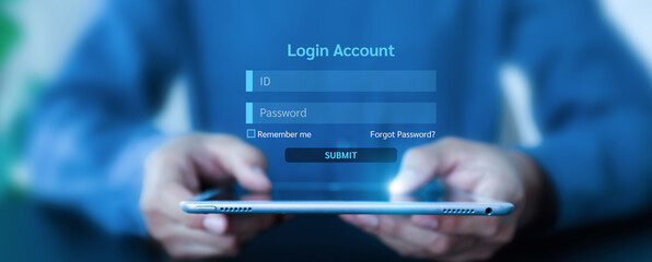 Hand touching login username and password icon for safety internet security access or user sign registration menu for social media member verification personal information account submit register.