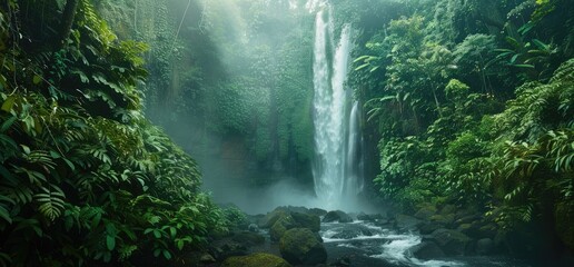 Scenic waterfall in front of a beautiful landscape, nature view, created with AI