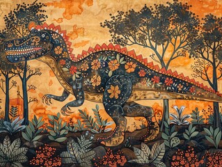 Obraz premium Traditional Madhubani Bharni painting featuring a majestic Trex, gracefully integrated into a forest scene under a clear sky and serene atmosphere