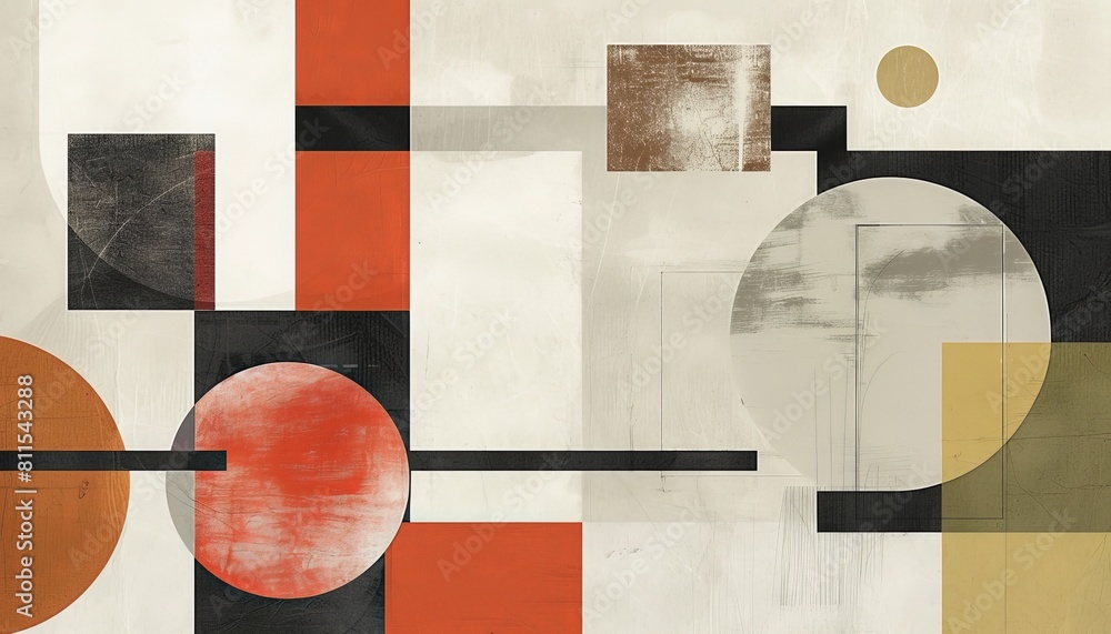 Poster a minimalist collage featuring clean lines and muted tones, with squares, rectangles, and circles ar