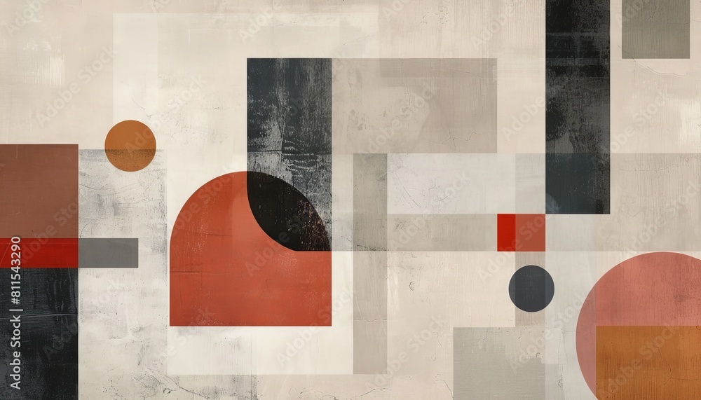 Poster a minimalist collage featuring clean lines and muted tones, with squares, rectangles, and circles ar