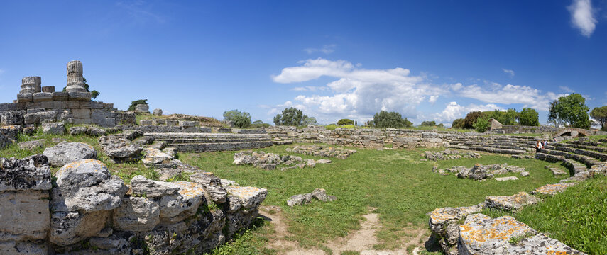 Paestum  (Salerno), Italy . 10 May, 2024 - The Comitium and  Temple of Peace  in the Paestum Archaeological Park