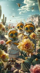 Surreal Desert Landscape with Robotic Insects and Blooming Flora