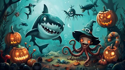 Spooky and Enchanting Halloween Scene with Pumpkins Monsters and Mysterious Creatures in a Haunted Forest
