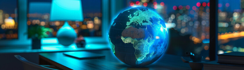 Obraz premium A photorealistic image of a blue and green globe levitating in midair, casting a soft shadow on a minimalist white background