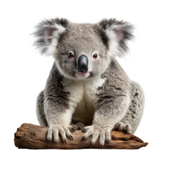 Cute and cuddly koala sitting on a branch, looking at the camera with its big, round eyes.