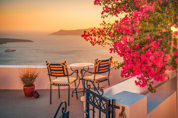 Summer sunset vacation scenic of luxury famous Europe destination. White architecture in Santorini,...