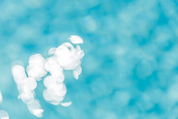 Blur bokeh view of sea surface. Top view of transparent turquoise ocean water surface. Clean...