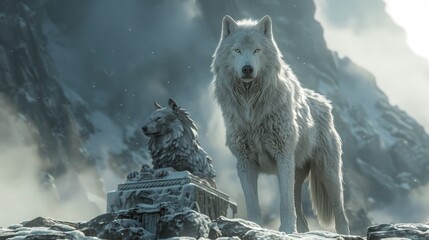Majestic white wolf standing beside its sculpture in a frosty mountain landscape