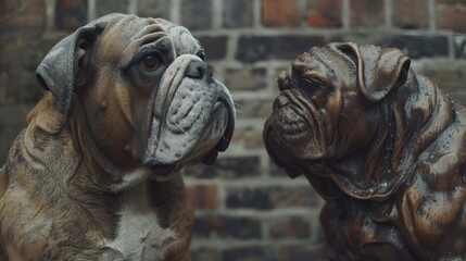 Bulldog looking intently at a matching bronze bulldog sculpture in a garden setting