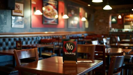 A prominently displayed "No Smoking" tabletop sign in a cozy diner setting, reinforcing a smoke-free dining experience amid warm decor.