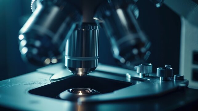 Close-up of a microscope with a metal lens in a laboratory. AI generated image