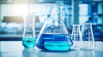 Beaker and flask glass in chemistry blue science laboratory background.
