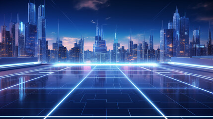 Rooftop and skyscrapers with wireframe hologram, Futuristic city