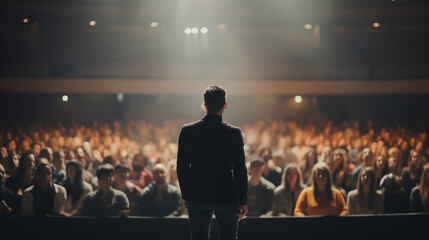 Man stand on stage and presentation to huge group of people in hall, blur background, back of man, turn back