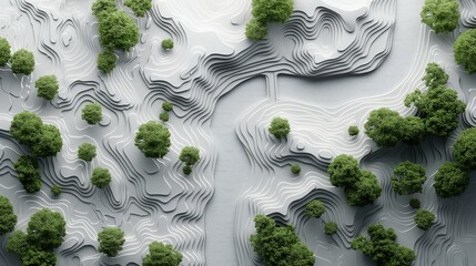 A minimalist, high-angle 3D terrain model showing the low and low elevations of the area. There are trees as elements.