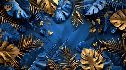 Vibrant Tropical Escape: Blue and Gold Leaf Extravaganza