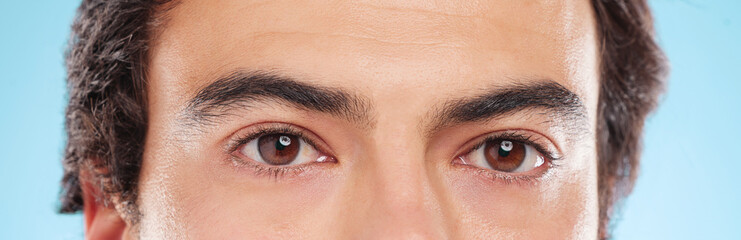 Portrait, eyes and closeup of man, vision and eyecare with microblading, eyebrow and calm for test....