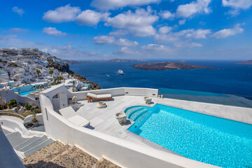 Perfect view in Santorini with white architecture luxury infinity pool over cruise ships and blue...