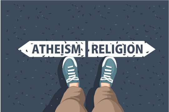 an legs in sneakers  are standing on asphalt next to arrow signs of words atheism and religion
