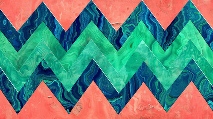 A dynamic chevron pattern in bold tones of emerald green and royal blue set against a backdrop of intense coral.