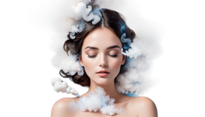 languid woman pretty blue pastel face white background smoke beauty hair art model concept dream enjoyment fashion glamour fog head sensuality female light steam design attractive surreal lip